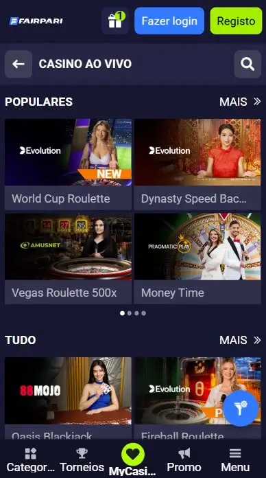 Casino ao Vivo na Aplicação